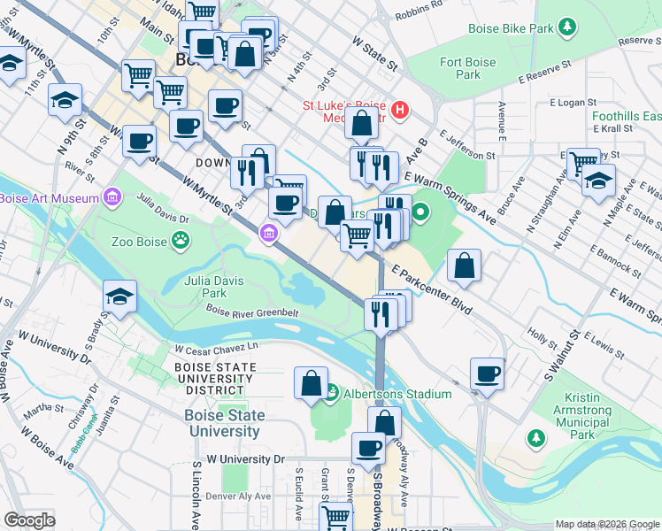 map of restaurants, bars, coffee shops, grocery stores, and more near 250 East Myrtle Street in Boise
