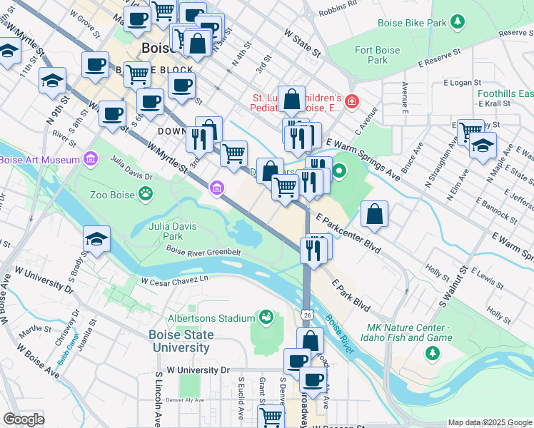 map of restaurants, bars, coffee shops, grocery stores, and more near 270 East Myrtle Street in Boise