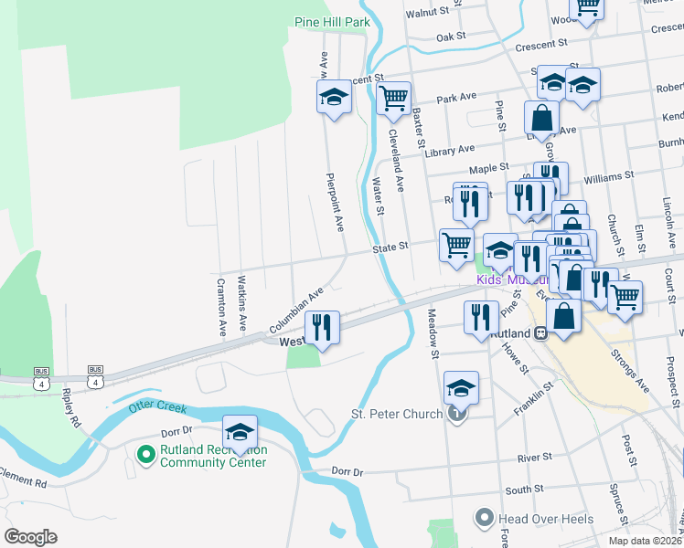 map of restaurants, bars, coffee shops, grocery stores, and more near 196 Columbian Avenue in Rutland
