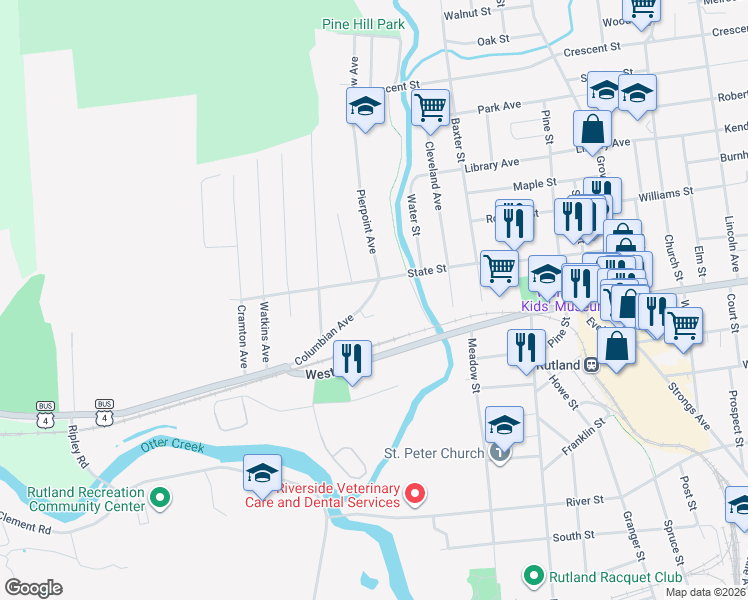 map of restaurants, bars, coffee shops, grocery stores, and more near 196 Columbian Avenue in Rutland