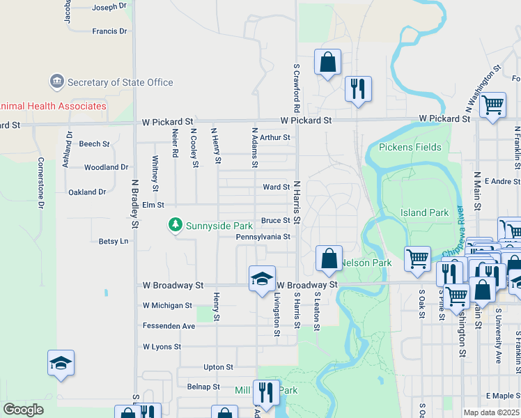 map of restaurants, bars, coffee shops, grocery stores, and more near 1109 Elm Street in Mount Pleasant
