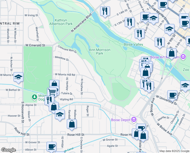 map of restaurants, bars, coffee shops, grocery stores, and more near 3220 Crescent Rim Drive in Boise