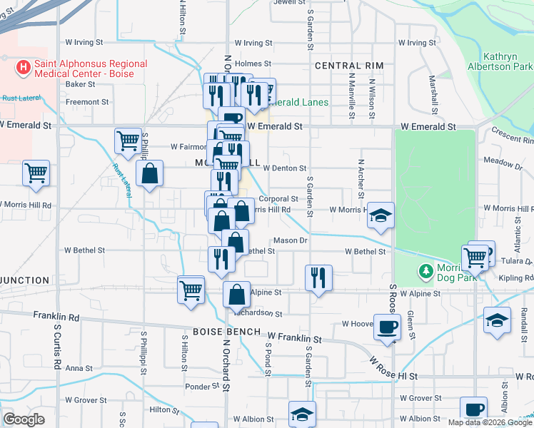 map of restaurants, bars, coffee shops, grocery stores, and more near 4801 West Morris Hill Road in Boise