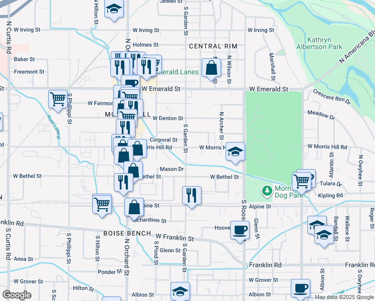 map of restaurants, bars, coffee shops, grocery stores, and more near 326 North Garden Street in Boise