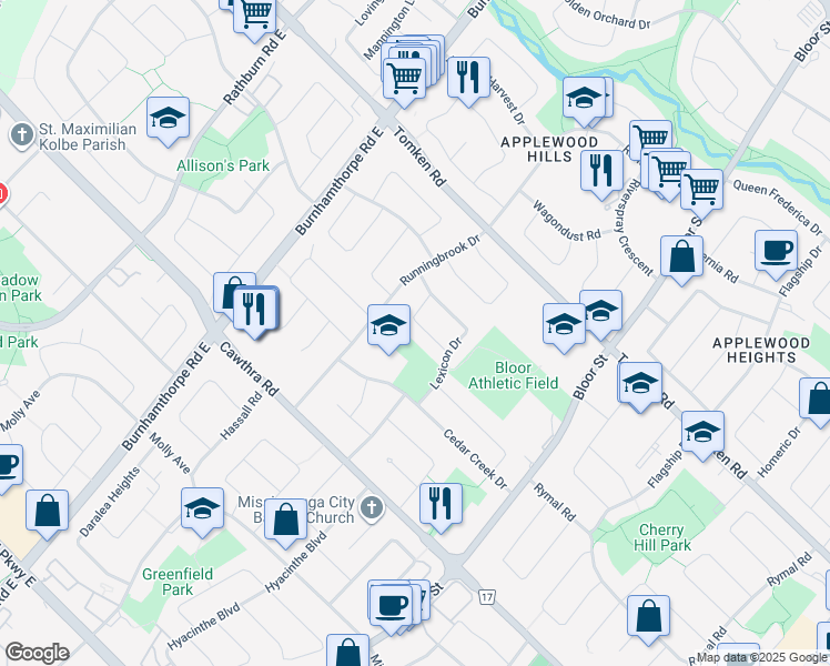 map of restaurants, bars, coffee shops, grocery stores, and more near 3530 Burningelm Crescent in Mississauga
