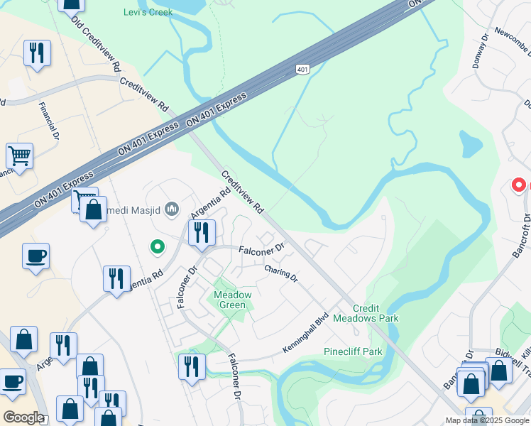 map of restaurants, bars, coffee shops, grocery stores, and more near 6545 Creditview Road in Mississauga