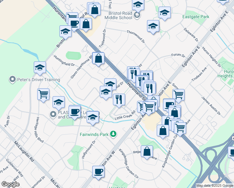 map of restaurants, bars, coffee shops, grocery stores, and more near 5011 Salishan Circle in Mississauga