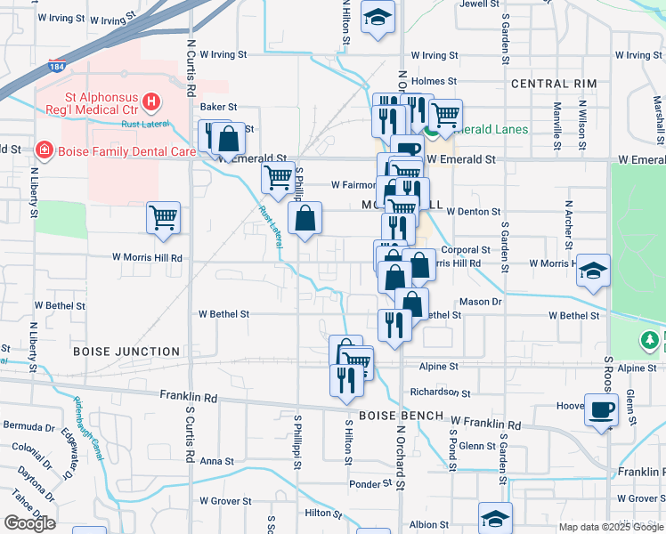 map of restaurants, bars, coffee shops, grocery stores, and more near 5207 West Morris Hill Road in Boise