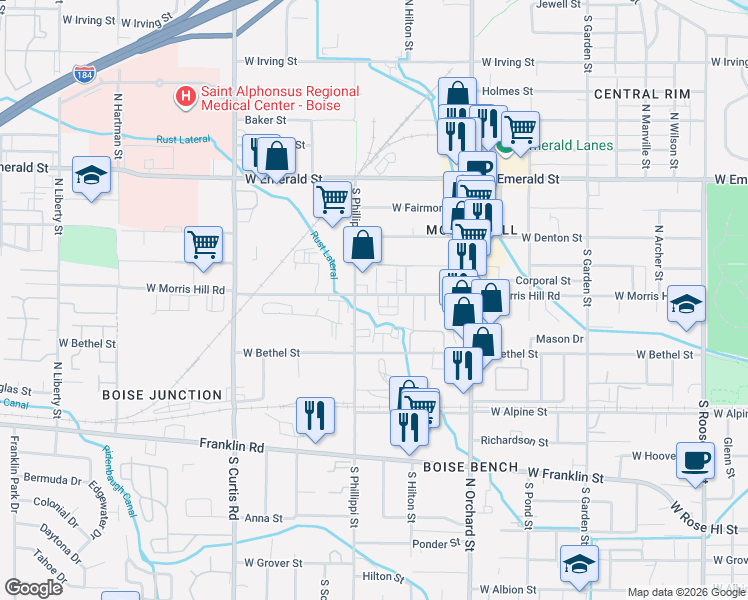 map of restaurants, bars, coffee shops, grocery stores, and more near 5207 West Morris Hill Road in Boise