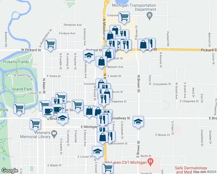 map of restaurants, bars, coffee shops, grocery stores, and more near 402 North Mission Street in Mount Pleasant