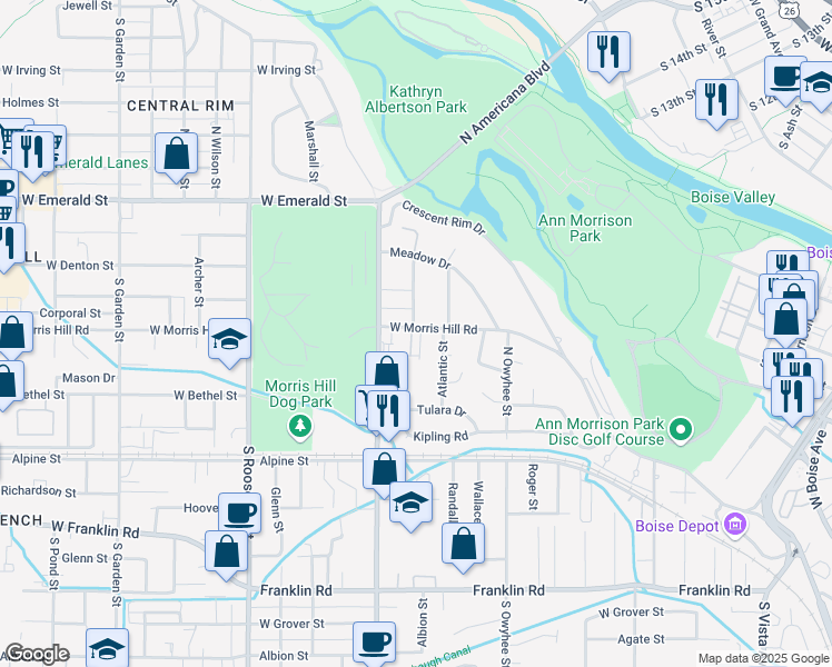 map of restaurants, bars, coffee shops, grocery stores, and more near 3695 West Morris Hill Road in Boise