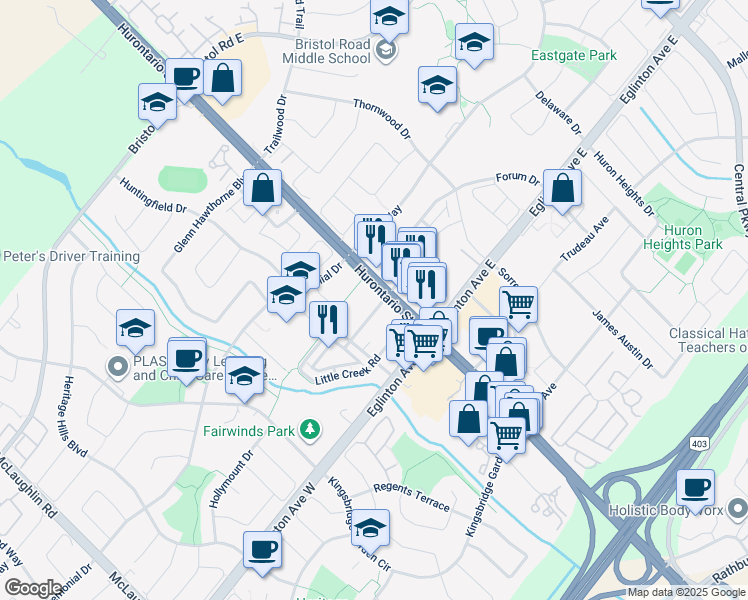 map of restaurants, bars, coffee shops, grocery stores, and more near 15 Watergarden Drive in Mississauga