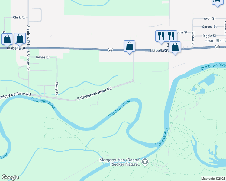 map of restaurants, bars, coffee shops, grocery stores, and more near 1852 East Chippewa River Road in Midland