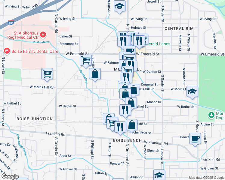 map of restaurants, bars, coffee shops, grocery stores, and more near 5116 West Morris Hill Road in Boise