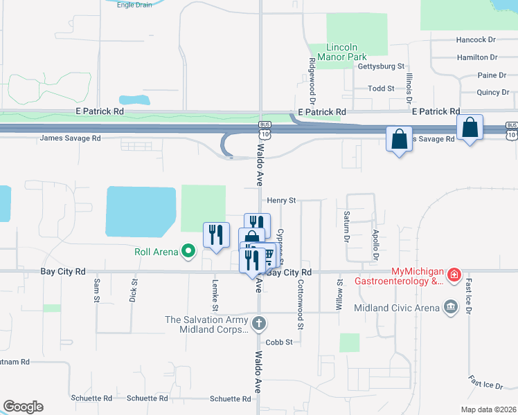 map of restaurants, bars, coffee shops, grocery stores, and more near 805 Waldo Avenue in Midland