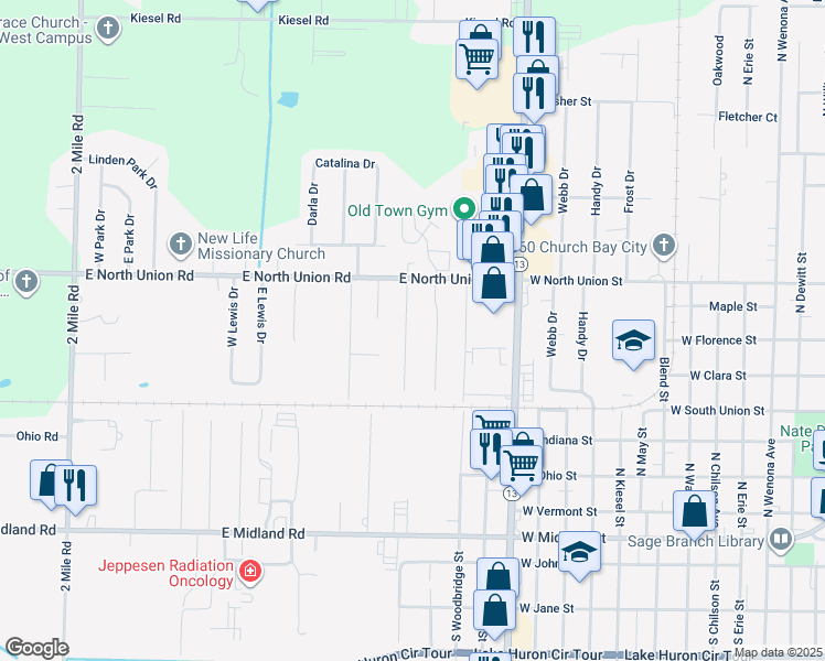 map of restaurants, bars, coffee shops, grocery stores, and more near 4551 Westfield Court in Bay City