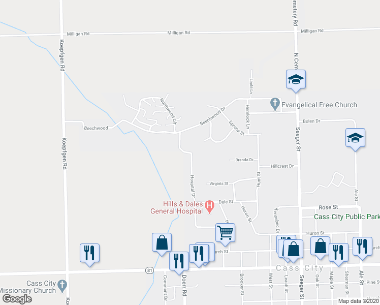 map of restaurants, bars, coffee shops, grocery stores, and more near 4790 Hospital Drive in Cass City