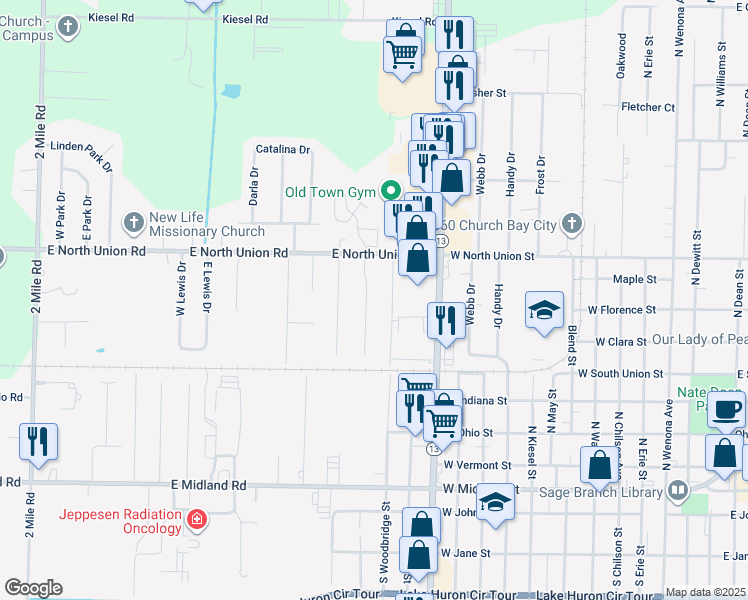 map of restaurants, bars, coffee shops, grocery stores, and more near 4551 Mocasa Court in Bay City