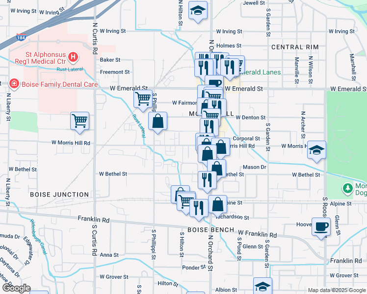 map of restaurants, bars, coffee shops, grocery stores, and more near 5116 West Morris Hill Road in Boise