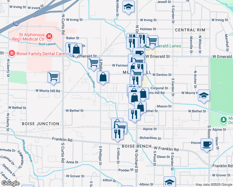 map of restaurants, bars, coffee shops, grocery stores, and more near 5207 West Morris Hill Road in Boise