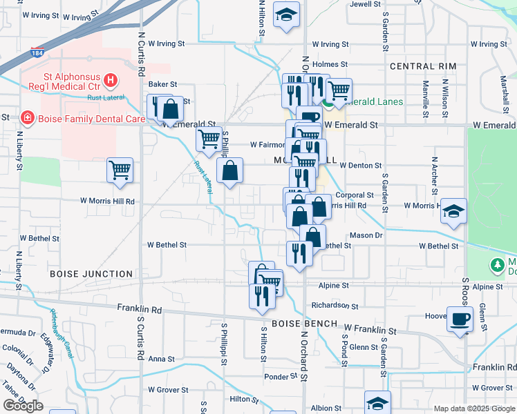 map of restaurants, bars, coffee shops, grocery stores, and more near 5207 West Morris Hill Road in Boise