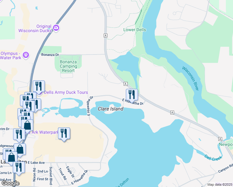 map of restaurants, bars, coffee shops, grocery stores, and more near 14 Country Lane in Wisconsin Dells