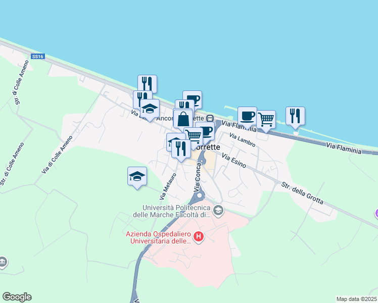 map of restaurants, bars, coffee shops, grocery stores, and more near 60 Via Metauro in Torrette