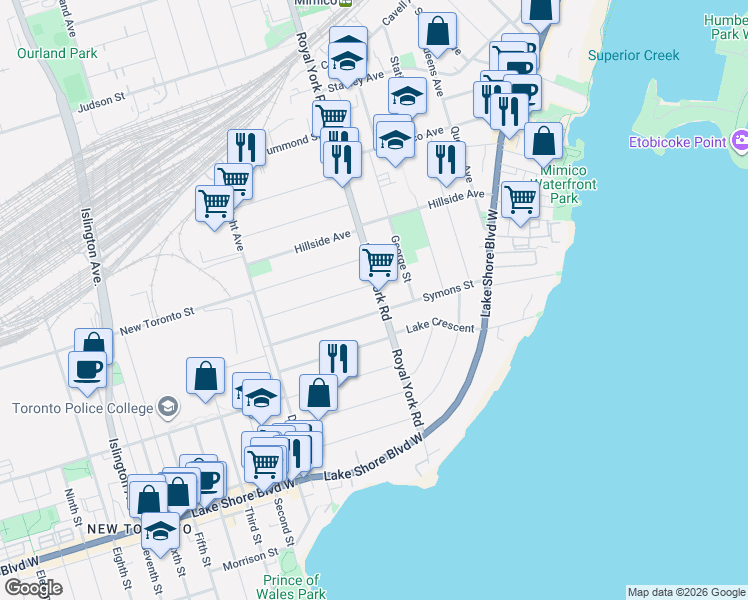map of restaurants, bars, coffee shops, grocery stores, and more near 108 Royal York Road in Toronto