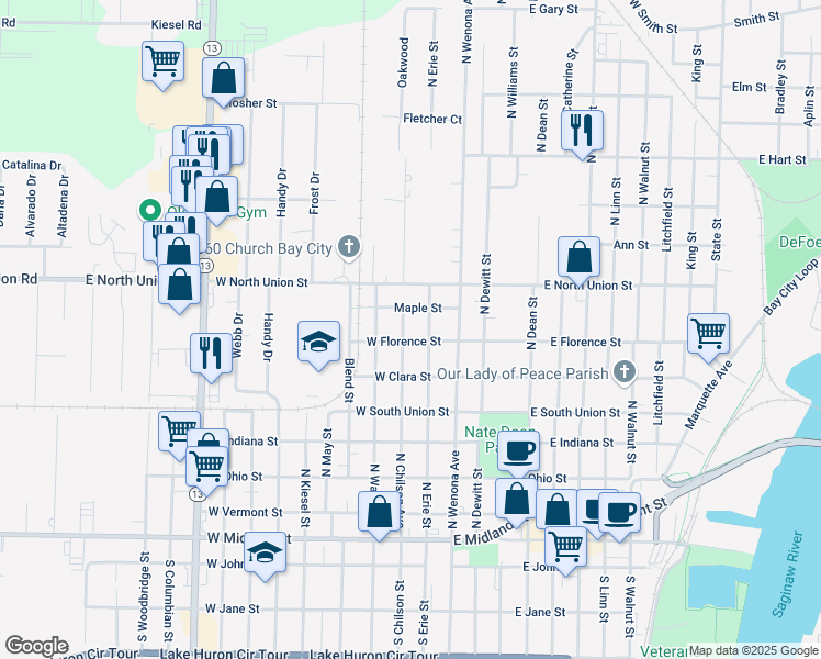 map of restaurants, bars, coffee shops, grocery stores, and more near 702 North Chilson Avenue in Bay City