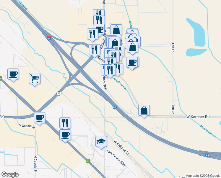 map of restaurants, bars, coffee shops, grocery stores, and more near 16174 North Merchant Way in Nampa
