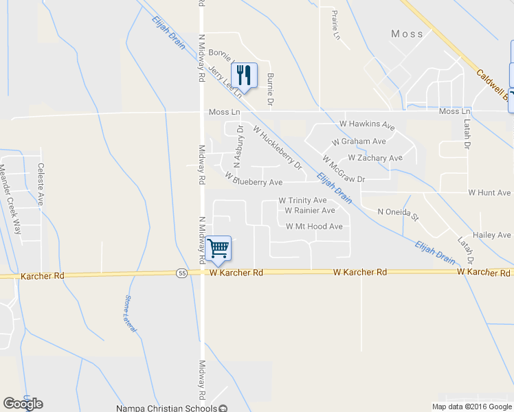 map of restaurants, bars, coffee shops, grocery stores, and more near 16213 North Broken Top Drive in Nampa
