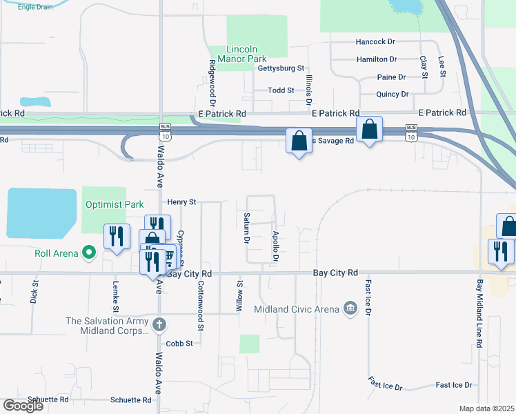 map of restaurants, bars, coffee shops, grocery stores, and more near 3783 Nuclear Court in Midland