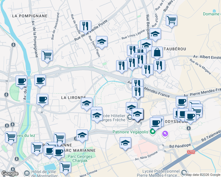 map of restaurants, bars, coffee shops, grocery stores, and more near 16 Place Raphaël in Montpellier