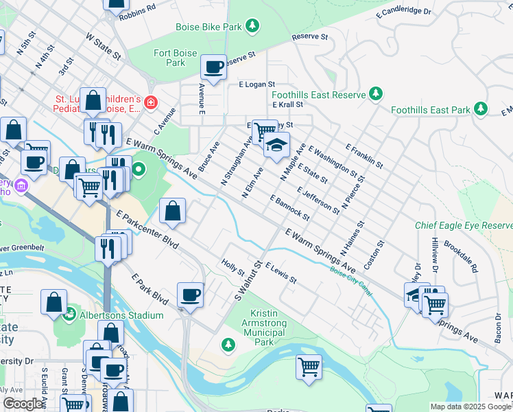 map of restaurants, bars, coffee shops, grocery stores, and more near 916 East Warm Springs Avenue in Boise
