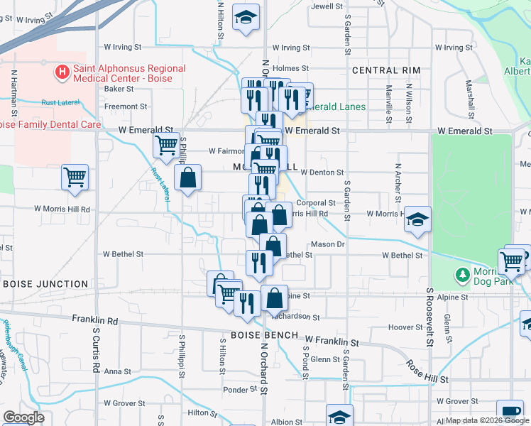 map of restaurants, bars, coffee shops, grocery stores, and more near N Orchard St & Morris Hill Rd in Boise