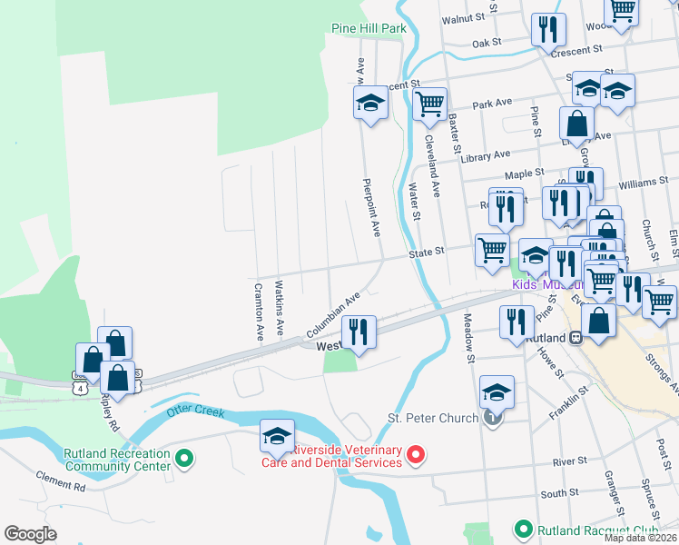 map of restaurants, bars, coffee shops, grocery stores, and more near 214 State Street in Rutland
