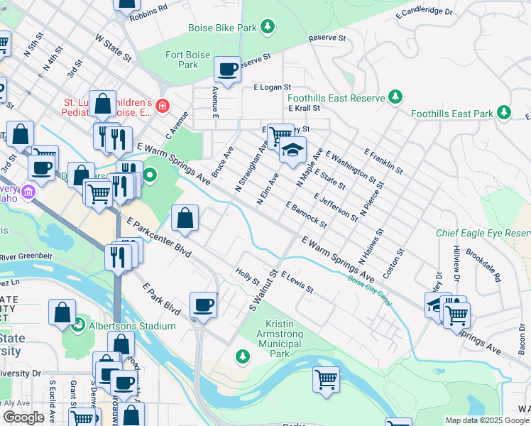 map of restaurants, bars, coffee shops, grocery stores, and more near 916 East Warm Springs Avenue in Boise