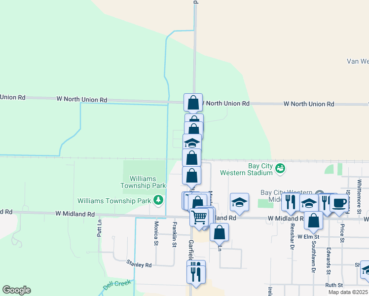 map of restaurants, bars, coffee shops, grocery stores, and more near 4599 Garfield Road in Auburn