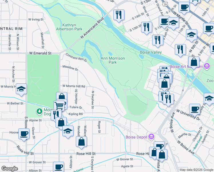 map of restaurants, bars, coffee shops, grocery stores, and more near 3224 Crescent Rim Drive in Boise