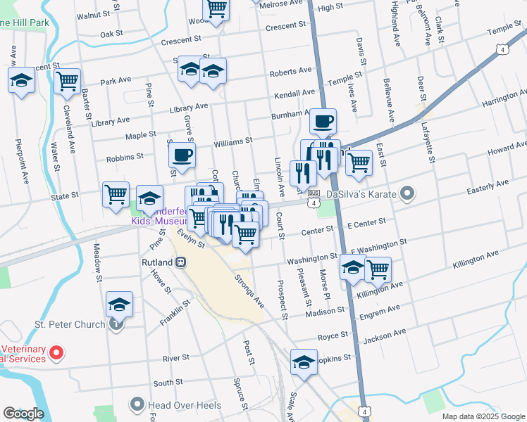 map of restaurants, bars, coffee shops, grocery stores, and more near 50 West Street in Rutland
