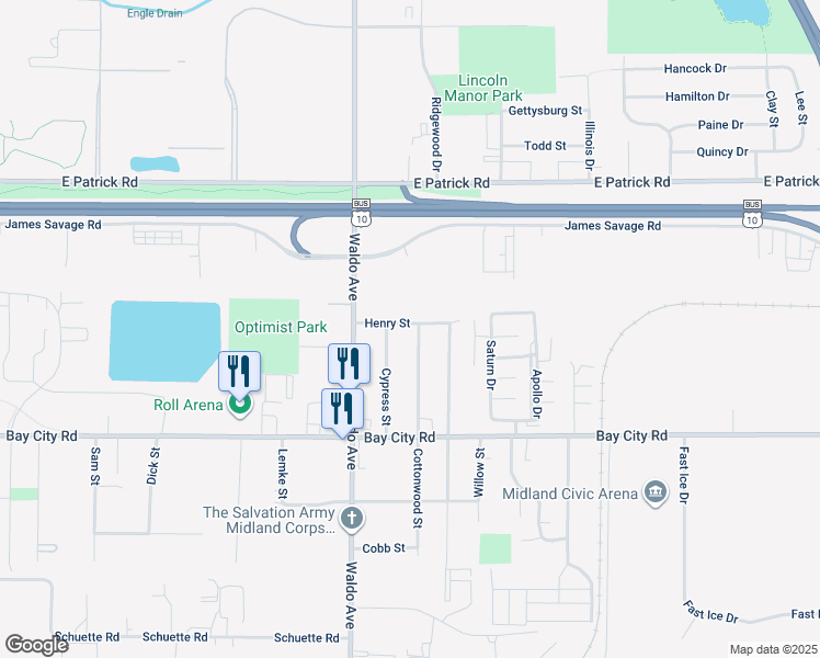 map of restaurants, bars, coffee shops, grocery stores, and more near 814 Cypress Street in Midland