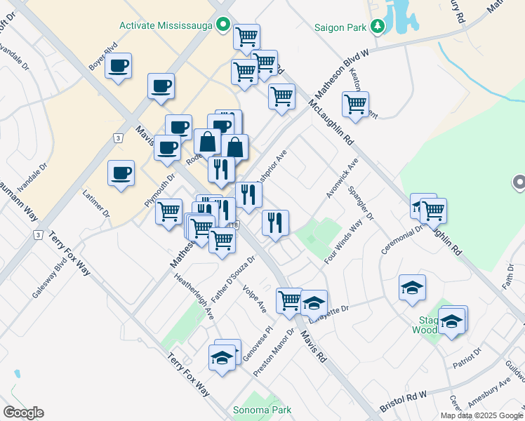 map of restaurants, bars, coffee shops, grocery stores, and more near 5797 Tiz Road in Mississauga