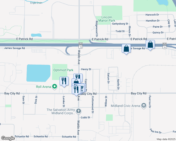 map of restaurants, bars, coffee shops, grocery stores, and more near 814 Cypress Street in Midland