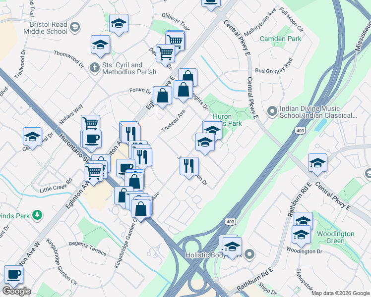 map of restaurants, bars, coffee shops, grocery stores, and more near 4880 Yorkshire Avenue in Mississauga