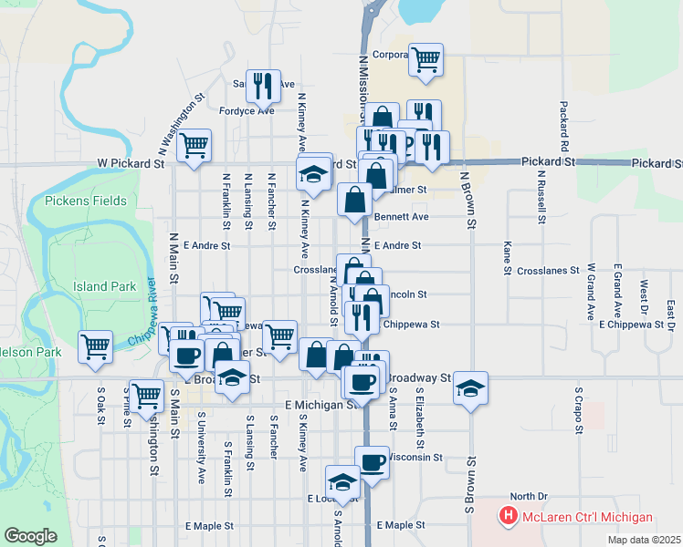 map of restaurants, bars, coffee shops, grocery stores, and more near 422 North Arnold Street in Mount Pleasant