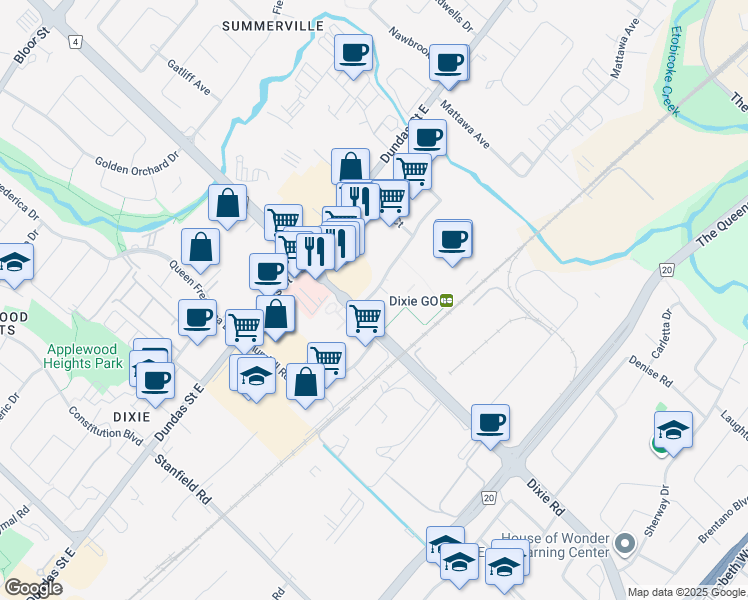 map of restaurants, bars, coffee shops, grocery stores, and more near 2505 Dixie Road in Mississauga