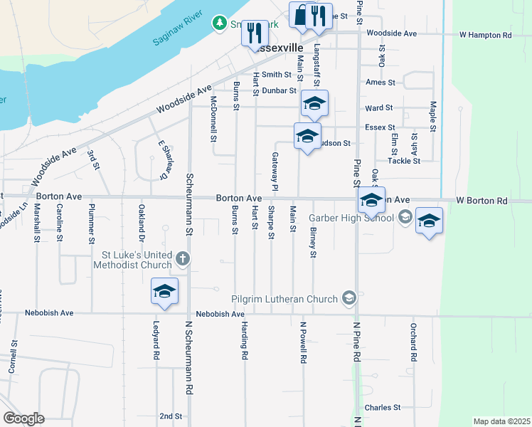 map of restaurants, bars, coffee shops, grocery stores, and more near 408 Sharpe Street in Essexville