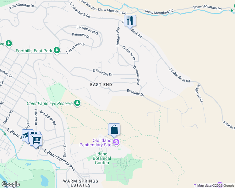 map of restaurants, bars, coffee shops, grocery stores, and more near 2399 Eastdale Drive in Boise