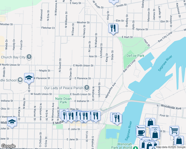 map of restaurants, bars, coffee shops, grocery stores, and more near 705 North Walnut Street in Bay City