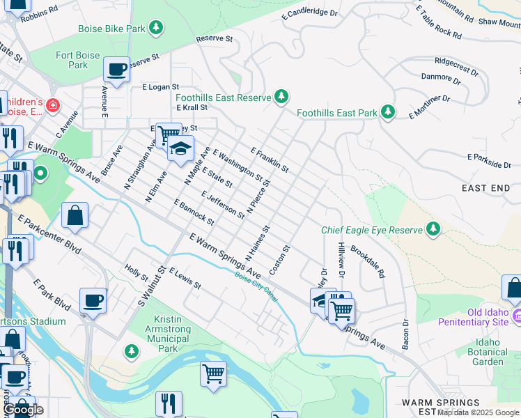 map of restaurants, bars, coffee shops, grocery stores, and more near 1307 East State Street in Boise